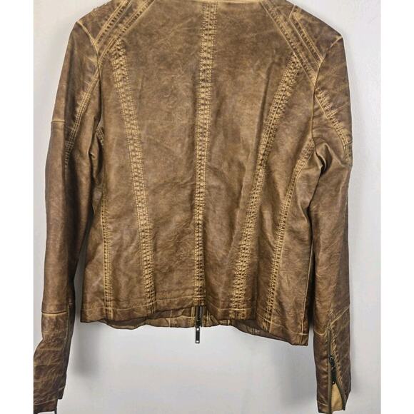THRASHED J2 Camel Brown Faux Leather Jacket Crop LARGE Moto Steampunk Grunge Y2K - Picture 6 of 10